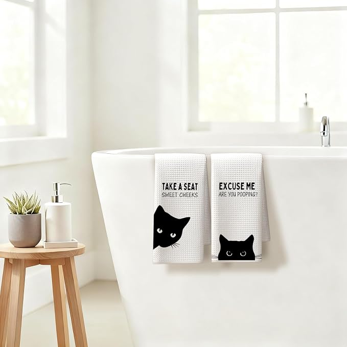 Funny Black Cat Bathroom Hand Towels, Cat Bathroom Decor, Sweet Cheeks Funny - Image 4