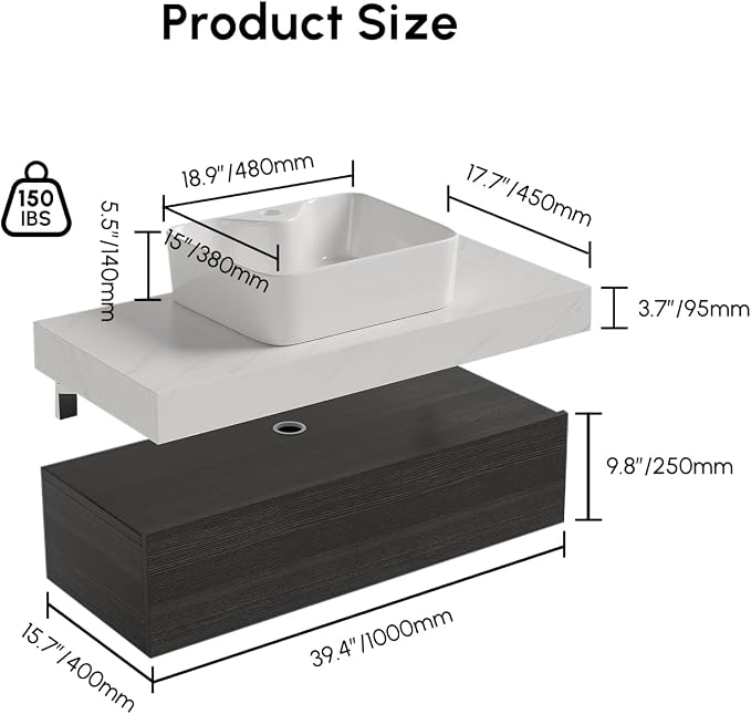 40" Floating Bathroom Vanity, Wall-Mounted Storage Cabinet Single Piece Set - Image 2