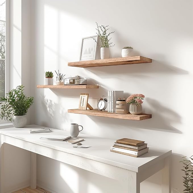 Light Wood Floating Shelves for Wall Rustic Wall Shelves for Bedroom Set of 6 - Image 6
