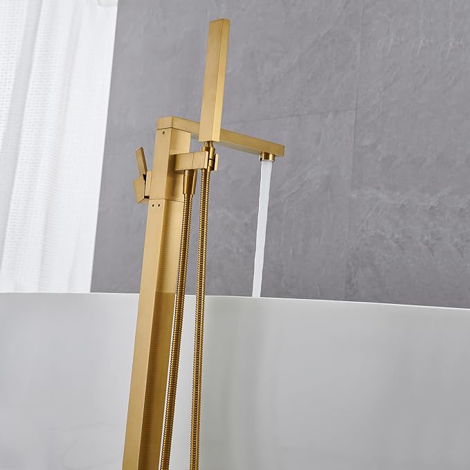 Freestanding Bathtub Faucet Tub Filler Brushed Gold Floor Mount Bathroom - Image 5