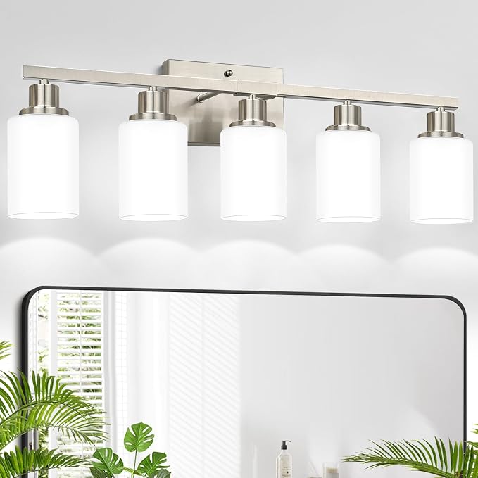 5-Light Vanity Light with Milky White Shades, Brushed Nickle Bathroom Lighting by Bathroomlightfixtures