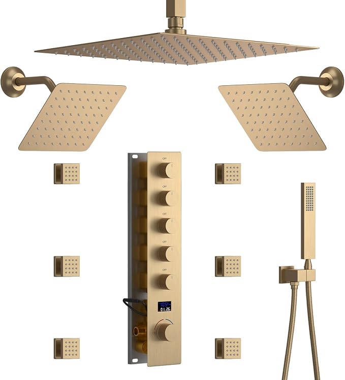 Brushed Gold Triple Shower Heads Shower System by WHSHOWER