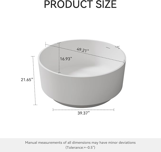 49" Premium Solid Surface Freestanding Bathtub, Upgraded Round Soaking Deep - Image 4
