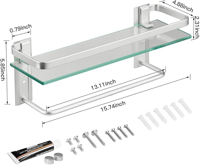 VOLPONE Glass Shelf with Towel Bar 15.7in Silver Bathroom Shelf Wall Mount - Image 2