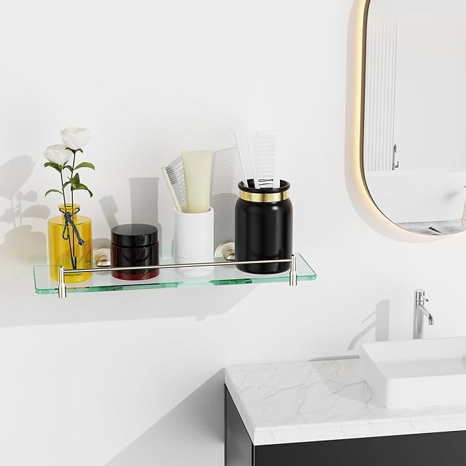 Glass Bathroom Shelves, Brushed Nickel Floating Shelves - Image 2