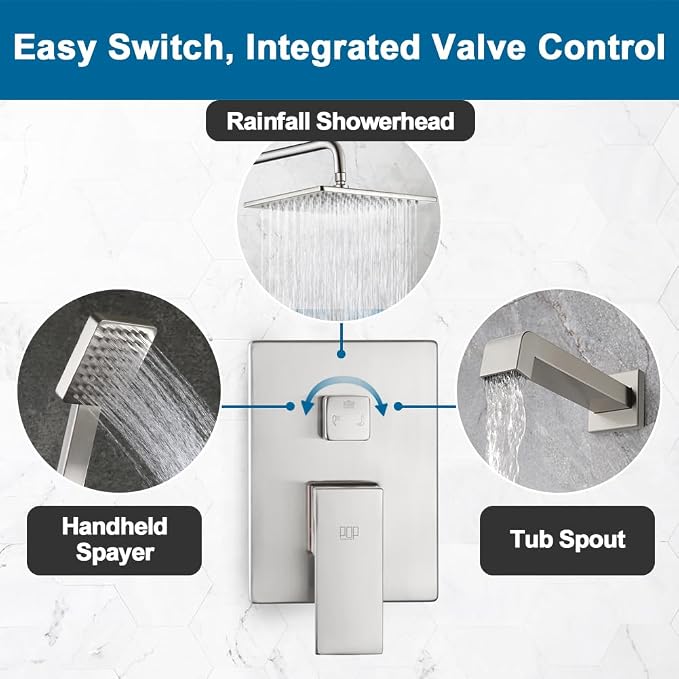 POP SANITARYWARE Shower Tub Faucet Set Brushed Nickel Bathroom Rain Shower - Image 6