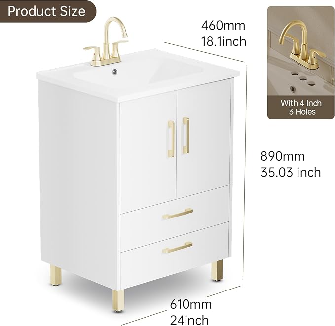 phiestina Fully Pre-Assembled 24 inch Single White Bathroom Vanity - Image 3
