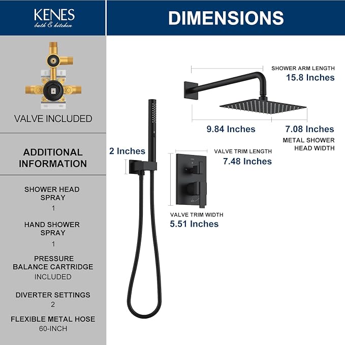 KENES Matte Black Rainfall Bathroom Shower System Rain Shower Head and Handle - Image 6