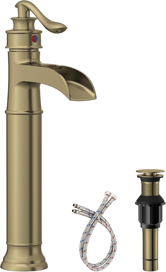 BWE Vessel Sink Faucet Brushed Gold Waterfall Bathroom Sink Faucet Single by BWE