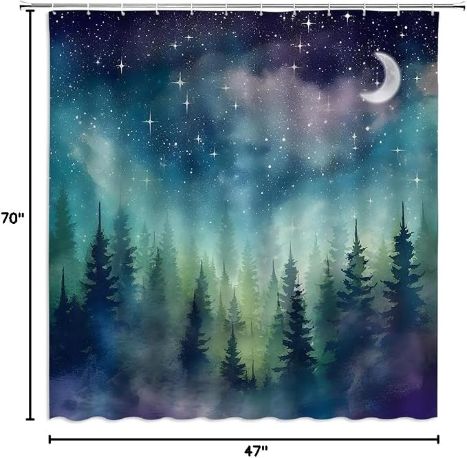Forest Moon Shower Curtain Watercolor Misty Forest Fantasy Starry Sky Galaxy - Image 7