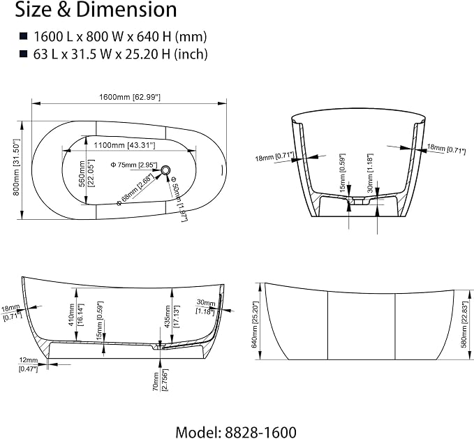 Cpingao 63" Stone Resin Solid Surface Freestanding Bathtub, Modern Stand Alone - Image 5