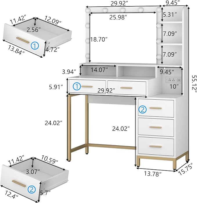 Loomie Large Makeup Table with Lighted Mirror & Power Outlet, Vanity Desk with - Image 2