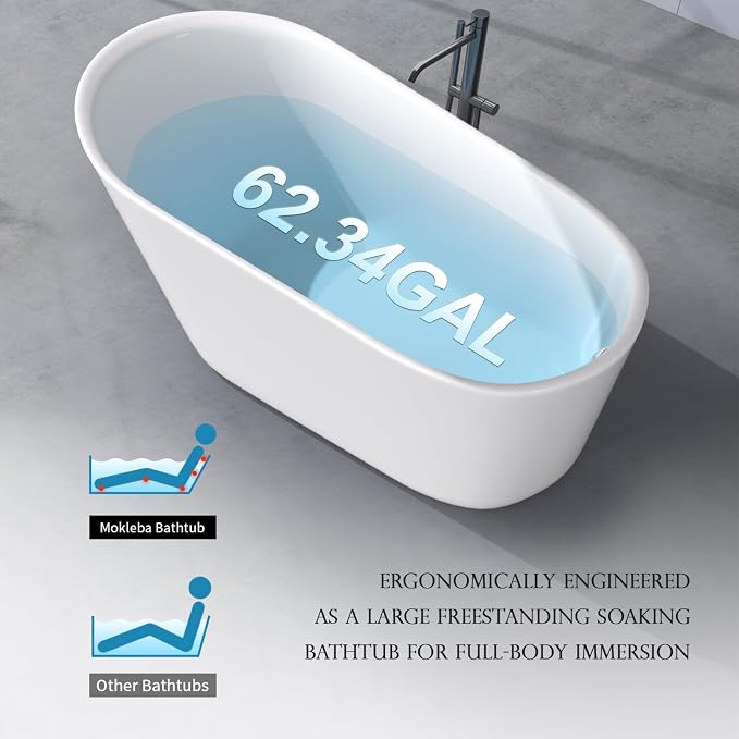 61" Acrylic Freestanding Bathtub, Single Slipper Free Standing Tub, Soaking Tub - Image 3
