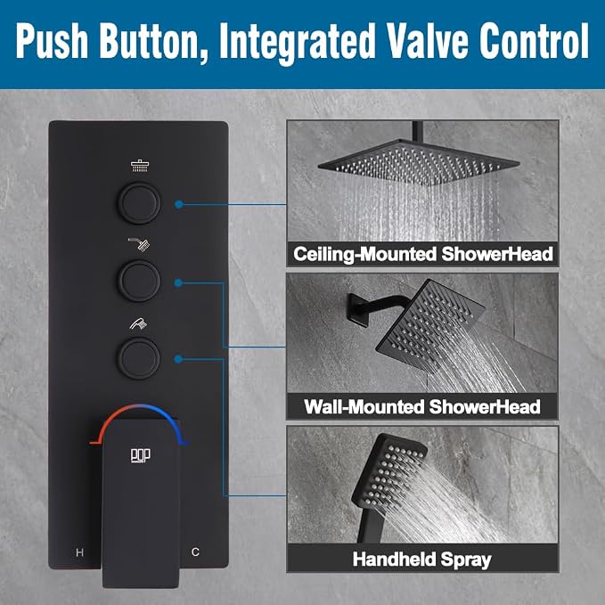 POP SANITARYWARE Matte Black Shower Faucet Set Bathroom Rainfall Shower System - Image 5