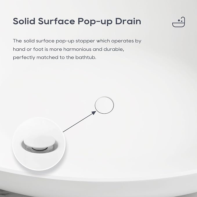 SJ STAR&JANE 69" Solid Surface Freestanding Bathtub, Matte White Oval Stone - Image 7
