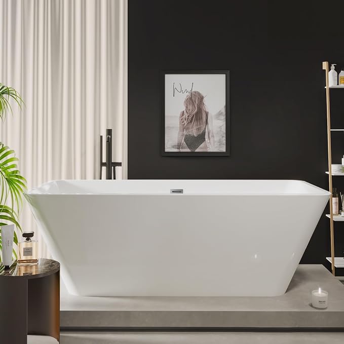 59" Freestanding Bathtub, Acrylic Soaking Tub, Chrome Overflow & Drain by Unknown