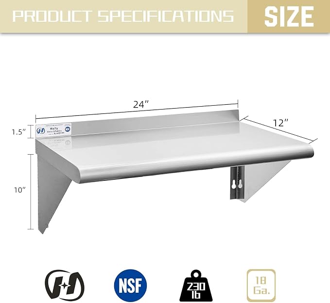 Hally Stainless Steel Shelf 12 x 24 Inches 230 lb, NSF Commercial Wall Mount - Image 3