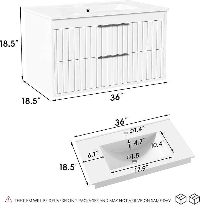 36" Bathroom Vanity with Sink, Floating Vanity Bathroom Sink Cabinet Wall Mount - Image 2