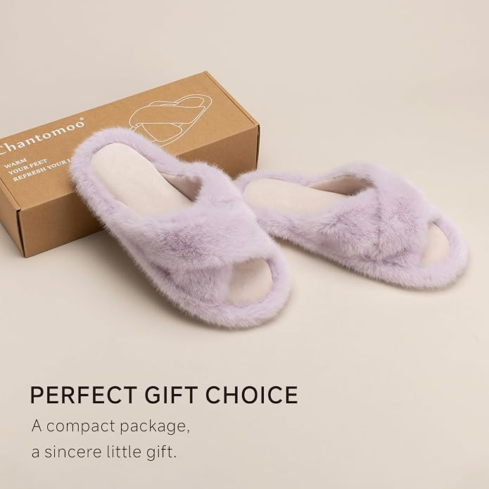 Chantomoo Womens Slippers Memory Foam Fuzzy Cross Band Faux Fur Slippers - Image 4