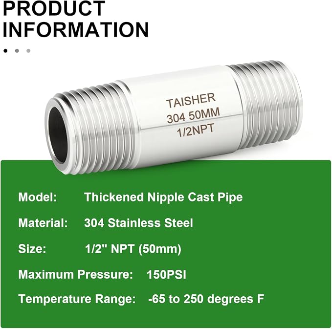 TAISHER 2PCS Stainless Steel Pipe Fittings, 1/2" NPT Male x 1/2" NPT Male - Image 5