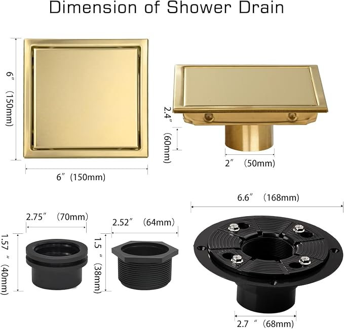 Square Shower Drain, AISI 304 Stainless Steel Gold Shower Floor Drain - Image 7