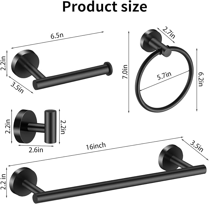 Bathroom Hardware Set Black 10 Pieces, Towel Bar Set Matte Black Stainless - Image 4