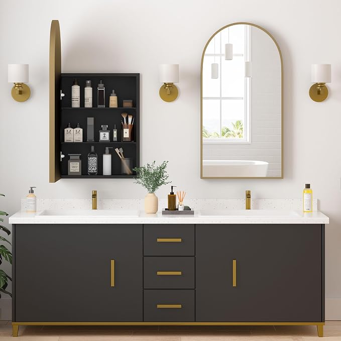 Medicine Cabinets for Bathroom, Brush Gold Arched Medicine Cabinet Recessed or - Image 8