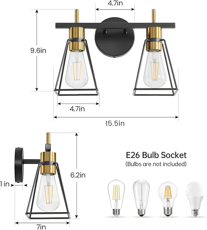 Industrial Bathroom Vanity Lights: 2 Lights Black and Gold Vintage Metal Cage - Image 2