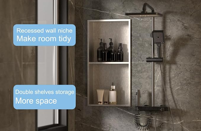Stainless Steel no Tile Needed Metal Niche, Double Shelves，Stainless Steel - Image 3