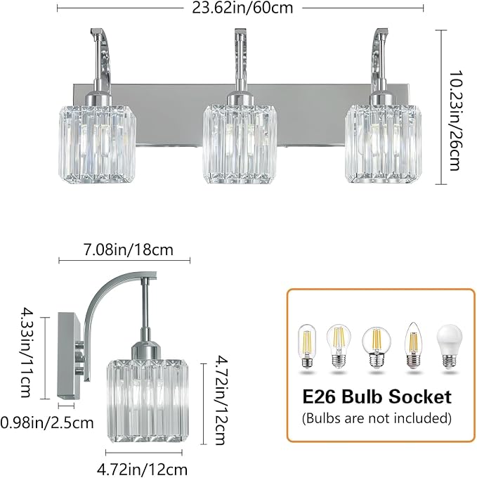 Crystal Vanity Lights 3-Light Chrome Bathroom Vanity Lights Modern Crystal - Image 4