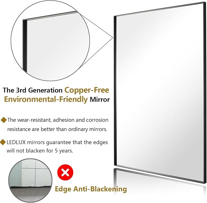 28x28 Inch Black Bathroom Mirror, Copper-Free Aluminum Alloy Frame Vanity Mirror - Image 2