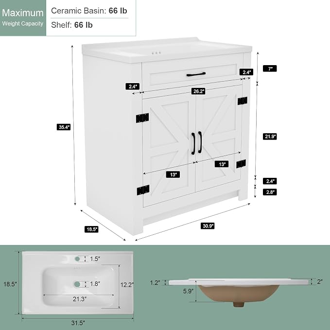 32 Inch Bathroom Vanity with Sink, Small Bathroom Sink Cabinet with 2 Barn Doors - Image 2