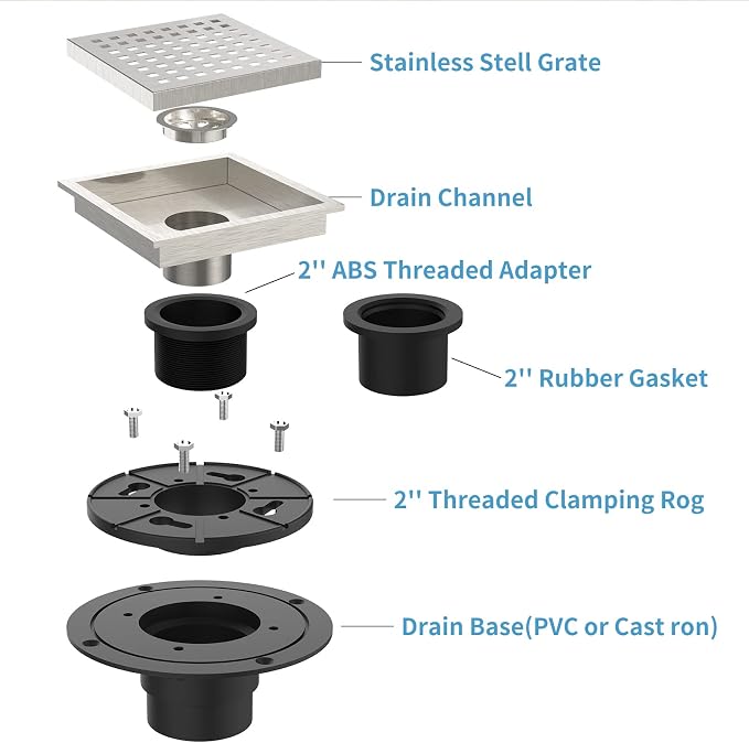 6 Inch Square Shower Floor Drain, Brushed Nickel High Flow Shower Drain Kit - Image 3