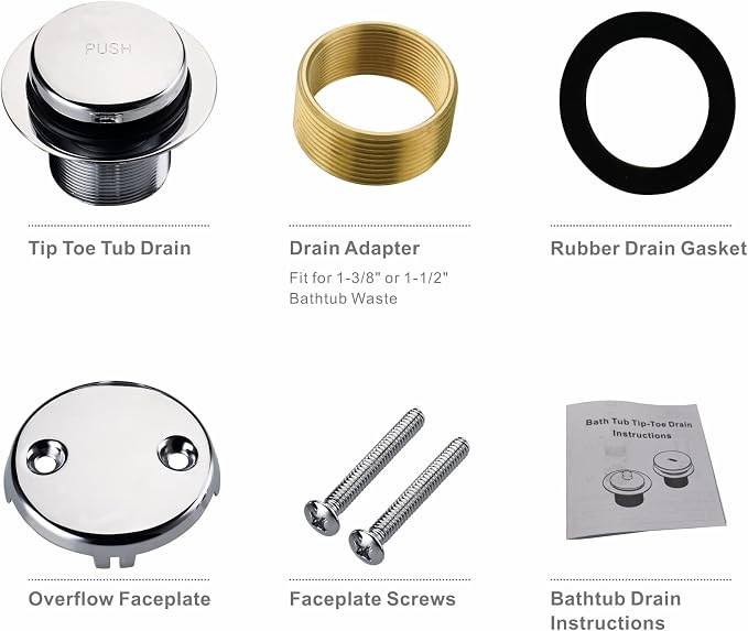 Chrome Tub Drain Tip-Toe Tub Trim Set Conversion Kit Assembly, Hidrop Bathtub - Image 6