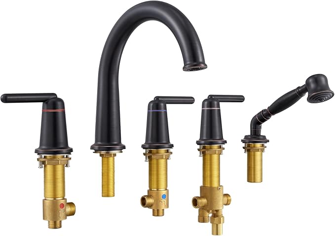 Roman Bath Tub Faucet Set with Sprayer, 5 Hole Widespread Deck Mount Bathtub by Wintap