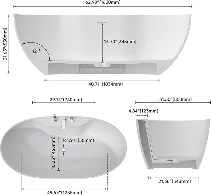 63" Premium Solid Surface Freestanding Bathtub - Image 4