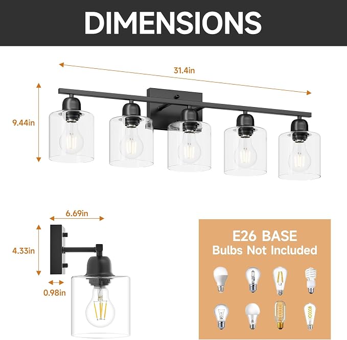 Modern 5 Light Bathroom Vanity Light, 31 inch Black Bathroom Lights Fixtures - Image 2
