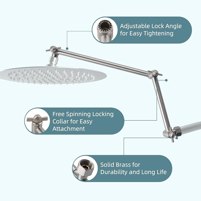 iFealClear All Metal 16" Shower Head Extension Arm, Solid Brass Shower Head - Image 2