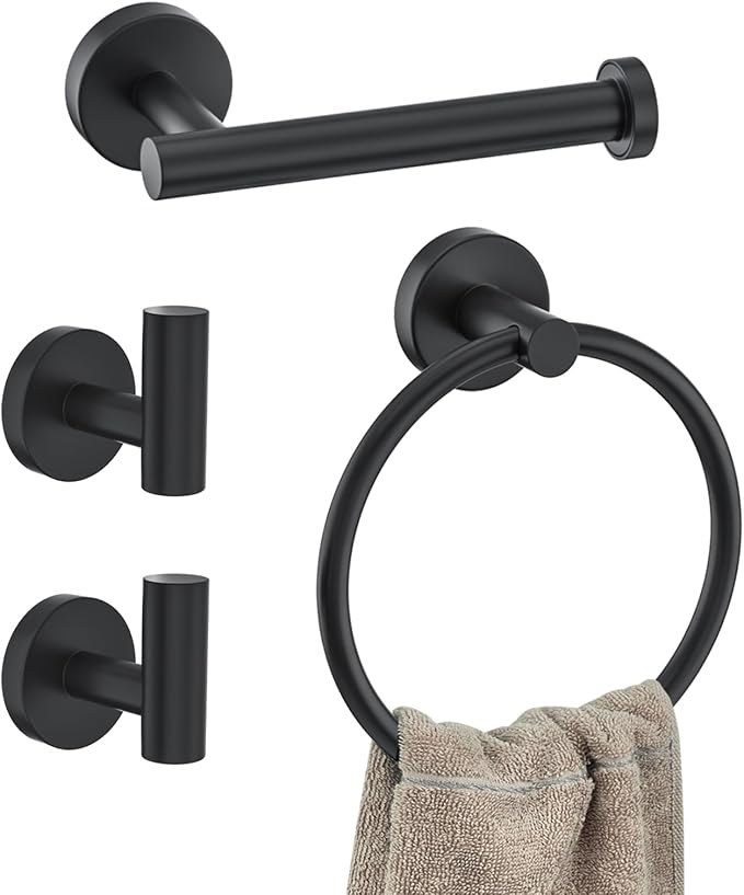 4-Piece Matte Black Bathroom Hardware Accessories Set, Robe Hooks, Stainless by Kiakuoow