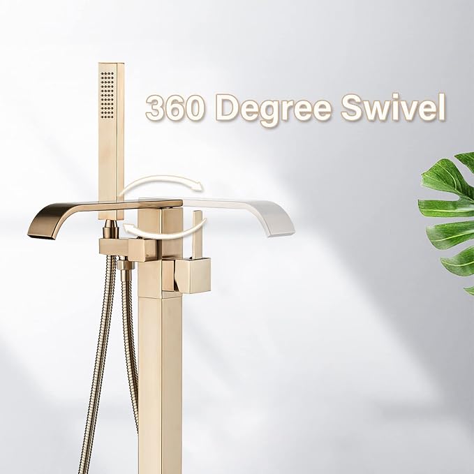 Freestanding Bathtub Faucet Brushed Gold Floor Mount Waterfall Tub Filler High - Image 3