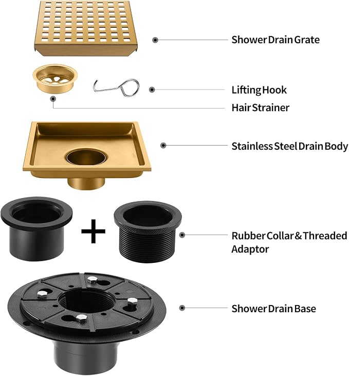 Shower Drain, Brushed Gold 6 inch Shower Floor Square Drain - Image 2
