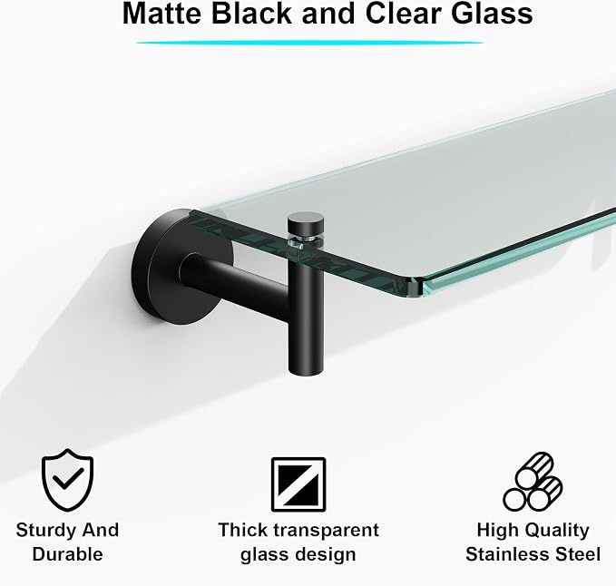 Glass Shelves for Bathroom, 16-Inch Matte Black Floating Bathroom Shelf - Image 5