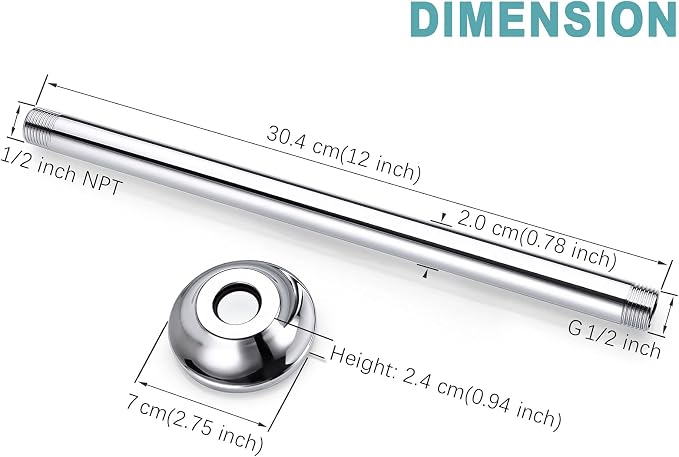 BESTILL 12 Inch Ceiling Mount Rain Shower Head Arm and Flange - Image 5