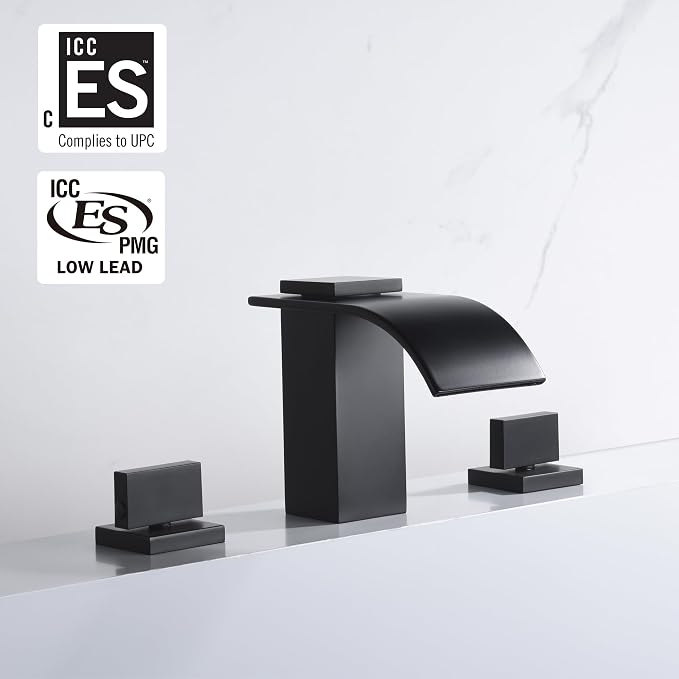 sumerain Black Waterfall Tub Faucet Deck Mount 3 Hole Widespread Bathtub Faucet - Image 2