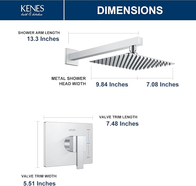 KENES Modern Polished Chrome 10-Inch Shower Head and Handle Set, Square Shower - Image 6