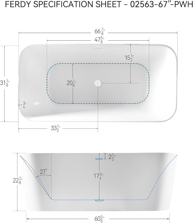FerdY Maui 67" Acrylic Freestanding Bathtub, Contemporary Elegant Design - Image 7