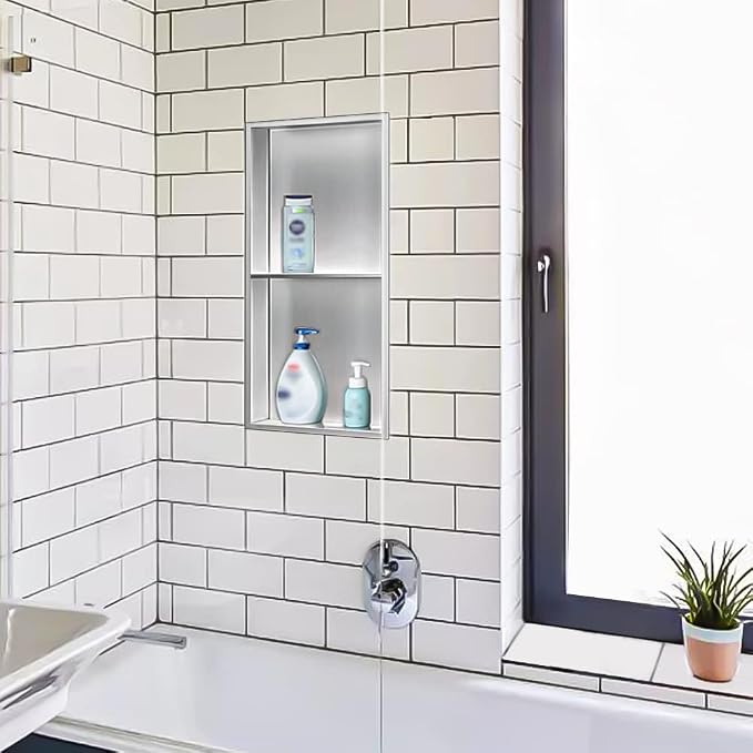 Neodrain No Tile Shower Niche, Stainless Steel Wall Niche 13.1"X25.1", Two-Tier - Image 7