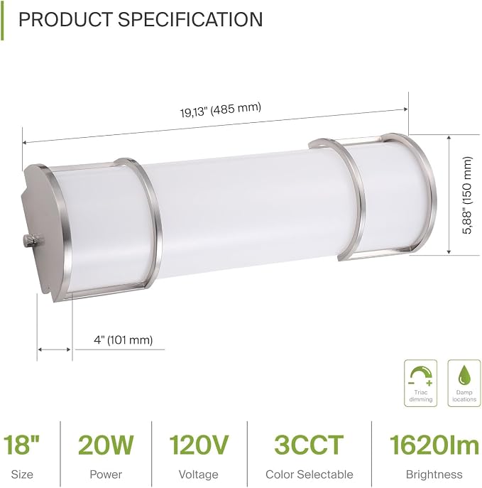 ASD LED 18" Vanity Flush Mount Light Fixture, Linear Bathroom Lighting Bar | - Image 2