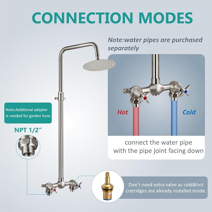 Aolemi Outdoor Shower Kit Outdoor Shower Fixtures Faucet System Double Handle - Image 8