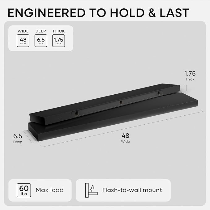 Homeforia Black Floating Shelf 48 inches, High End Solid Real Wood 48 inch Long - Image 3